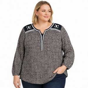 Lucky Brand Women 3X Boho Blouse Black Tan Modal Embroidered Peasant Top Crochet